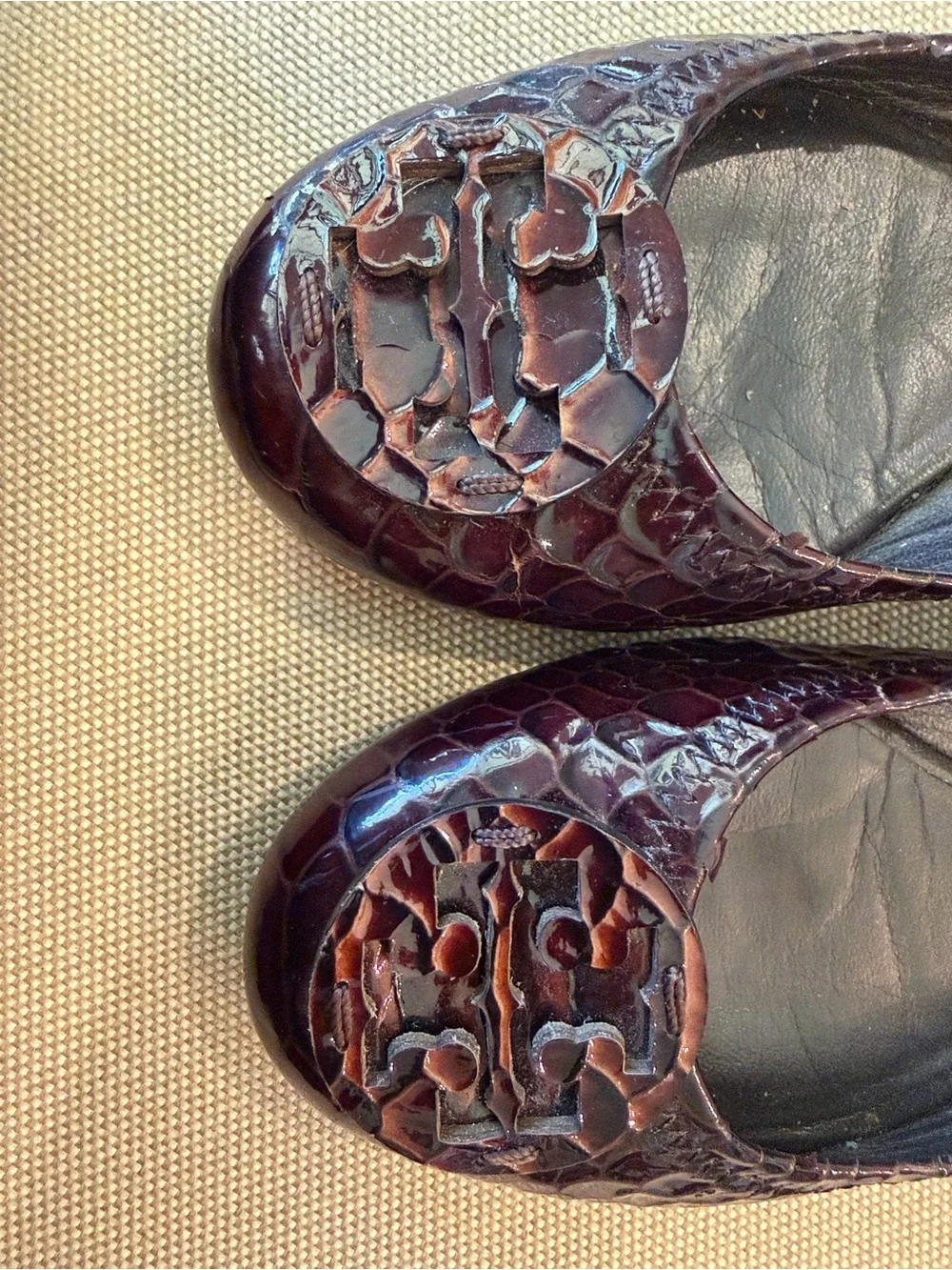 Tory Burch Chocolate Brown Snakeskin embossed Logo Ballet Flats